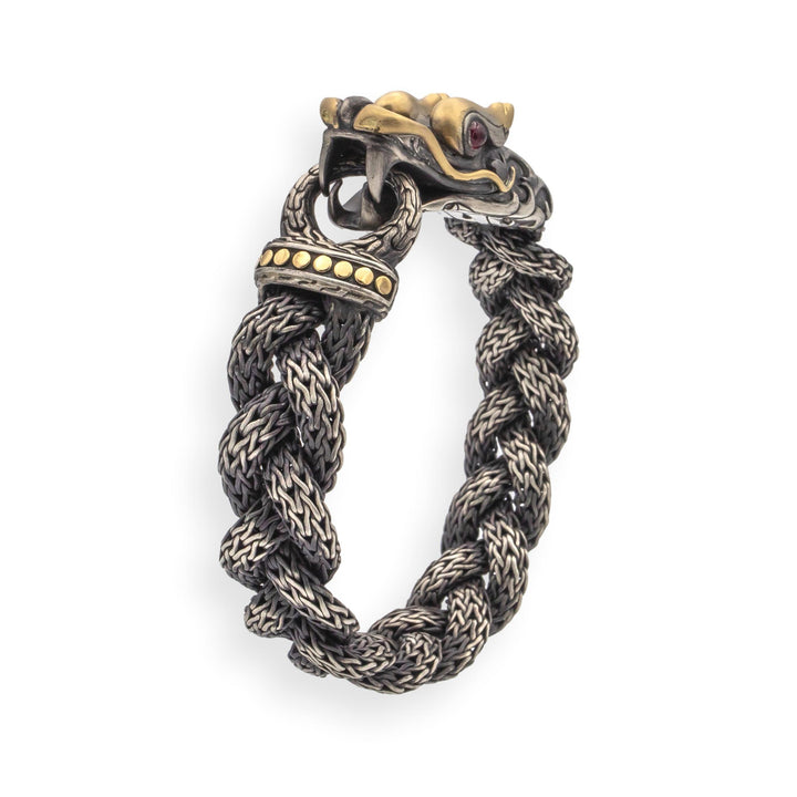 John Hardy Naga Bracelet 7.5" Sterling Silver 18K Gold Ruby Eyes 14mm Wide