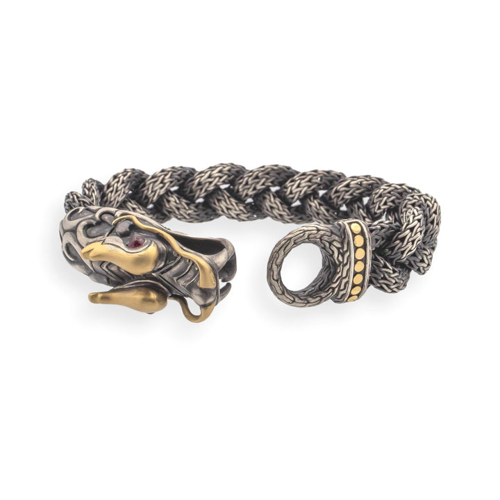 John Hardy Naga Bracelet 7.5" Sterling Silver 18K Gold Ruby Eyes 14mm Wide