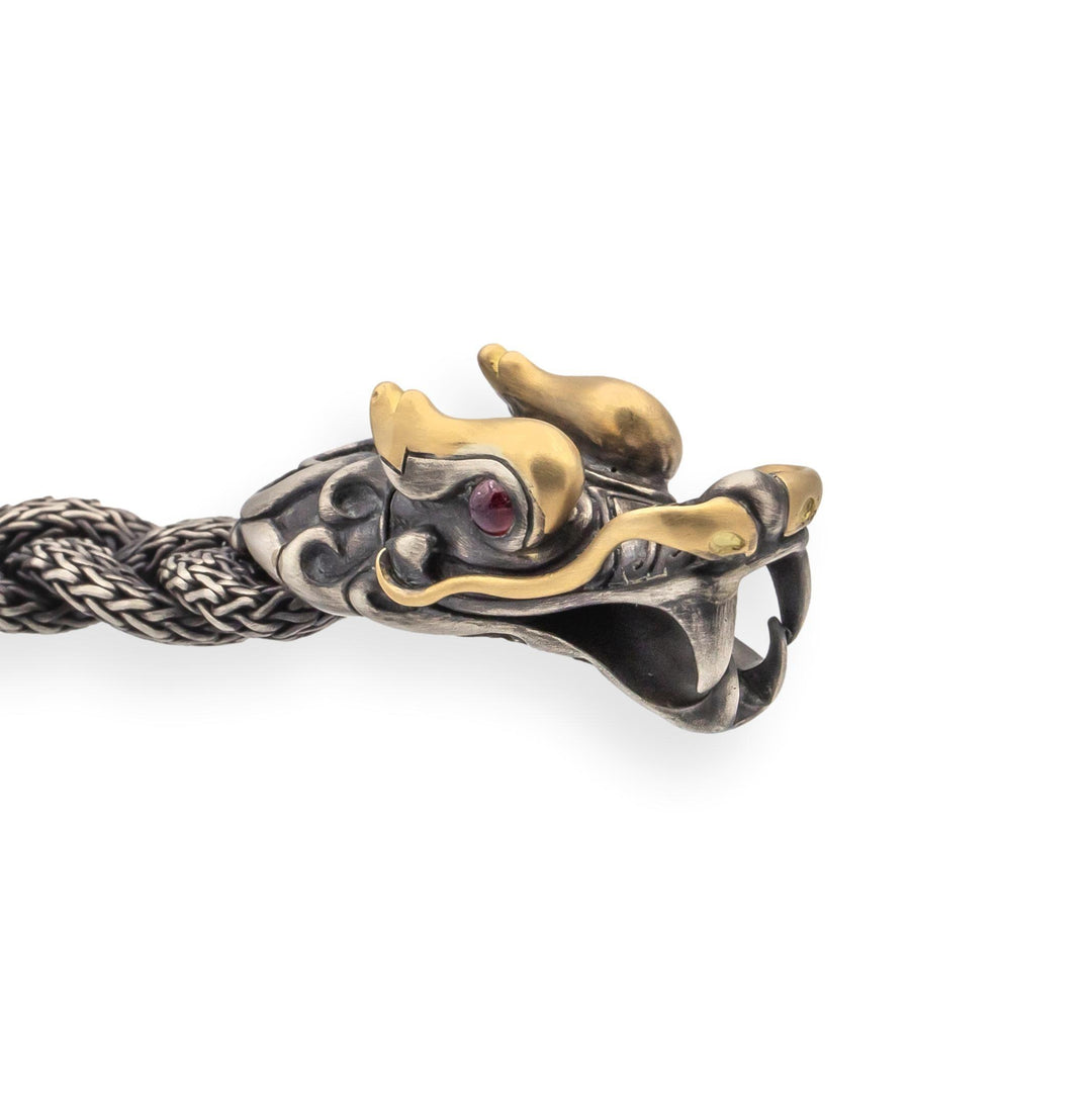 John Hardy Naga Bracelet 7.5" Sterling Silver 18K Gold Ruby Eyes 14mm Wide