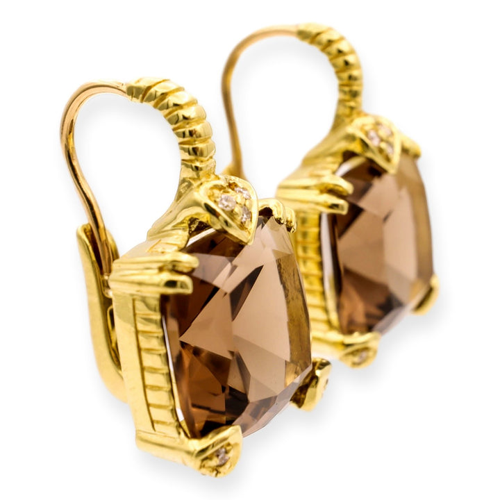 Judith Ripka 18KY Gold and Diamond Smokey Quartz Lever-Back Dangle Earrings