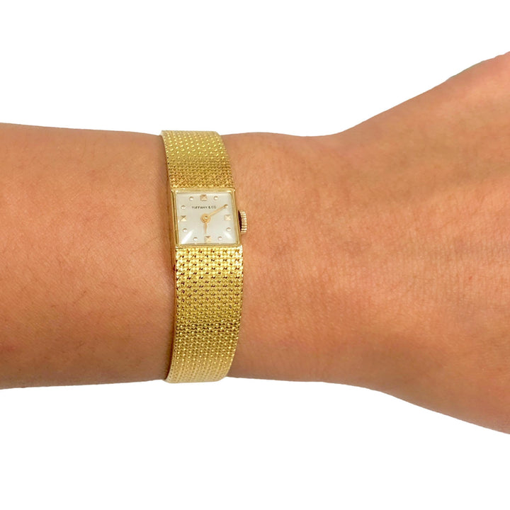 Tiffany & Co. Vintage 18K Yellow Gold Square Watch with Weave Bracelet- 1960's