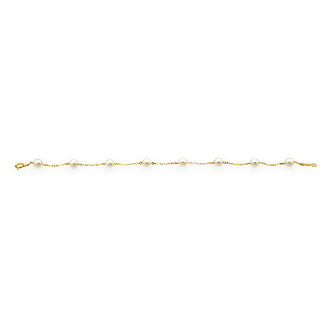 MIKIMOTO 18K Yellow Gold  5.5mm Pearl Station Bracelet – 7" w/orig Pouch