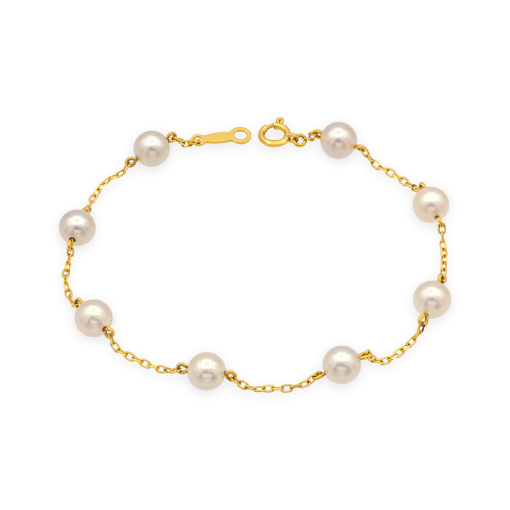 MIKIMOTO 18K Yellow Gold  5.5mm Pearl Station Bracelet – 7" w/orig Pouch