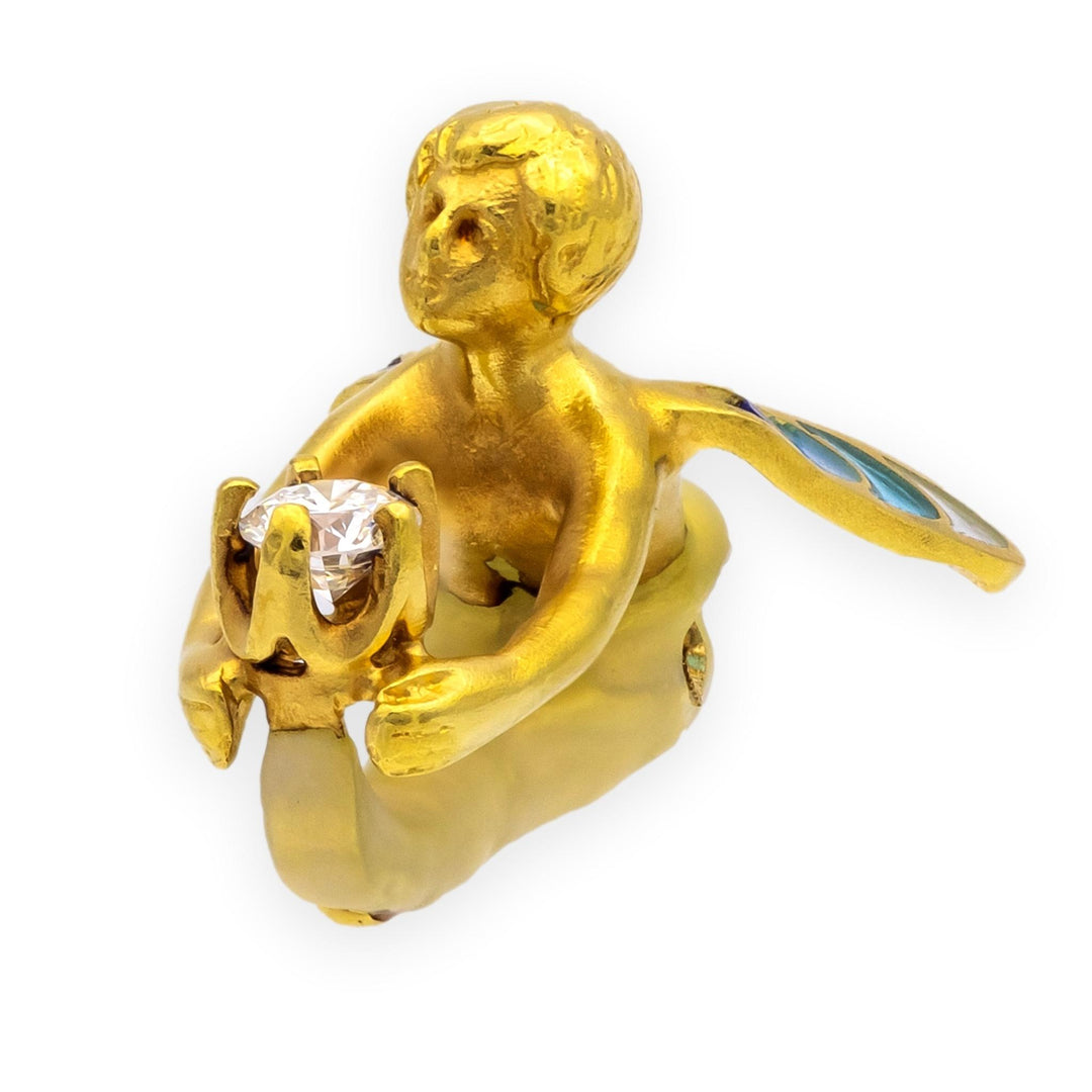 Masriera 18K Yellow Gold Plique-à-Jour Enamel Fairy Diamond Pendant