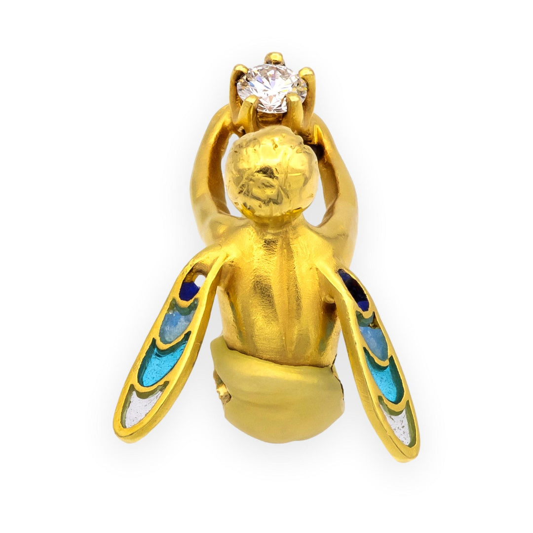 Masriera 18K Yellow Gold Plique-à-Jour Enamel Fairy Diamond Pendant