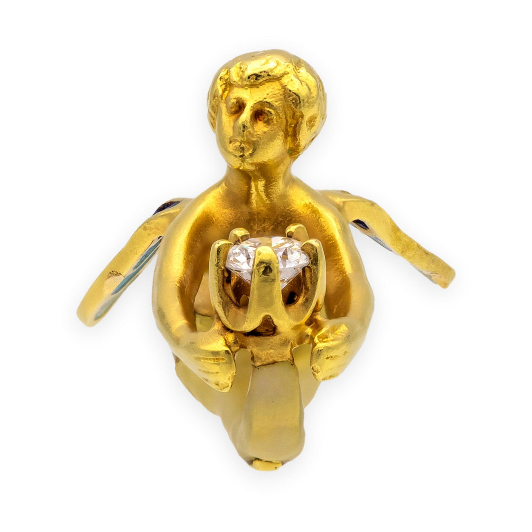 Masriera 18K Yellow Gold Plique-à-Jour Enamel Fairy Diamond Pendant