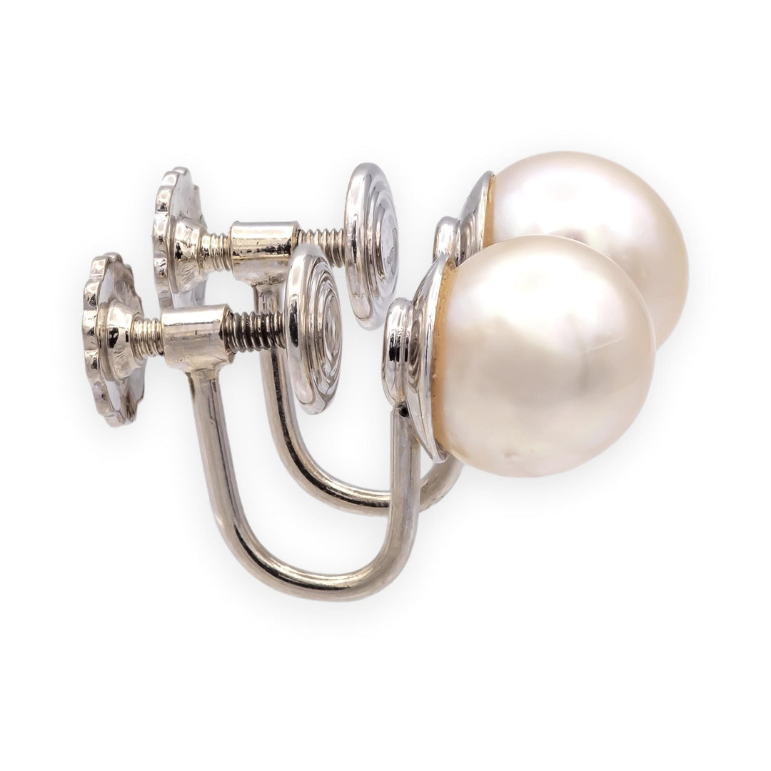 Fisher & Co. Mid-Century 14K White Gold Cultured Pearl Screw-Back Earrings