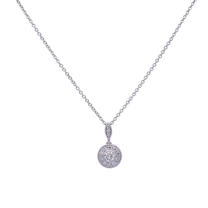 Mill-grain Circle Bezel Halo 18K White Gold Diamond 0.39 cts Total Pendant Necklace 18" Long