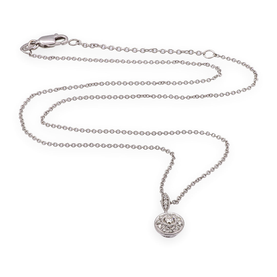 Mill-grain Circle Bezel Halo 18K White Gold Diamond 0.39 cts Total Pendant Necklace 18" Long