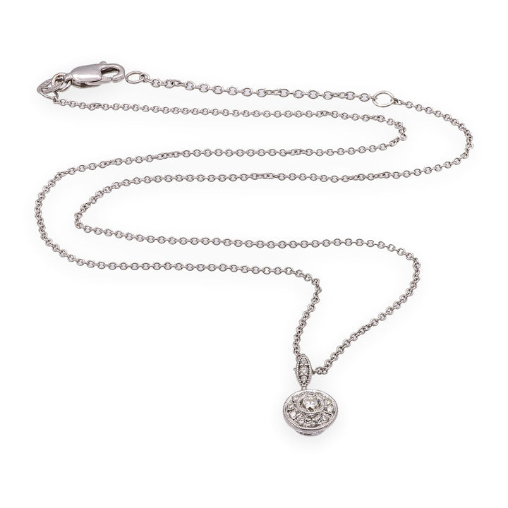 Mill-grain Circle Bezel Halo 18K White Gold Diamond 0.39 cts Total Pendant Necklace 18" Long