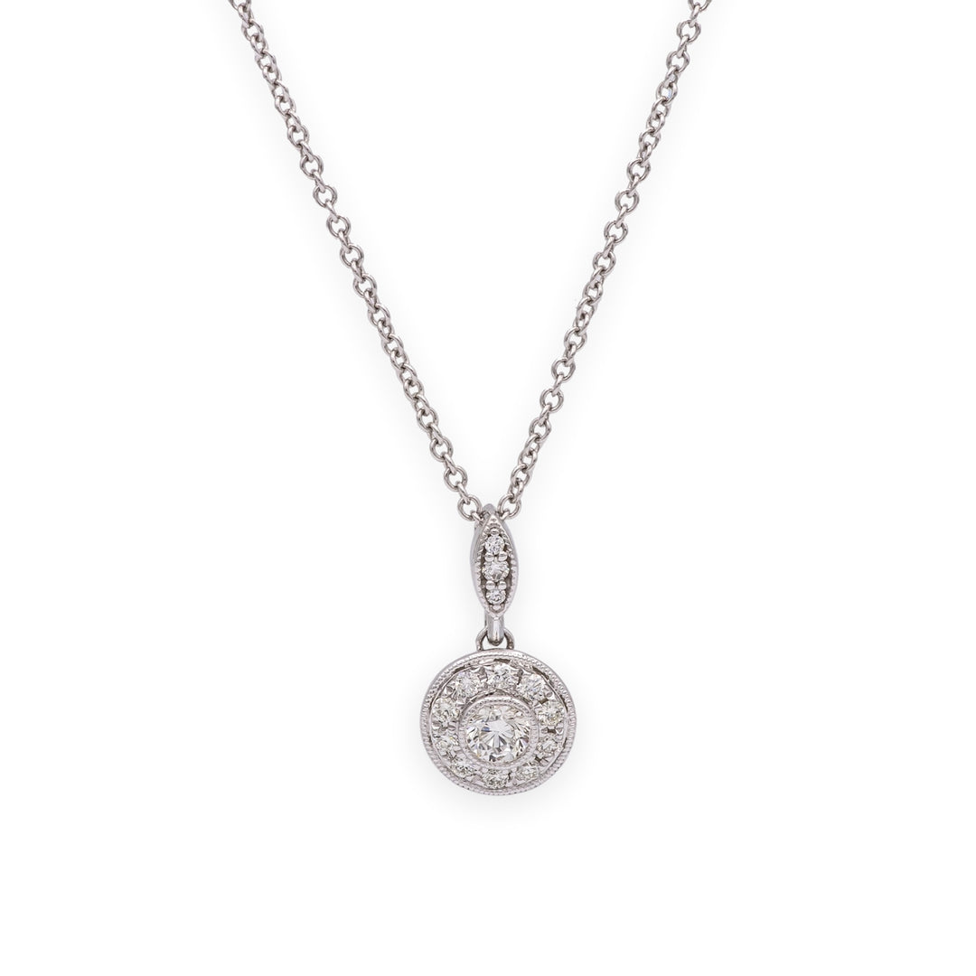 Mill-grain Circle Bezel Halo 18K White Gold Diamond 0.39 cts Total Pendant Necklace 18" Long