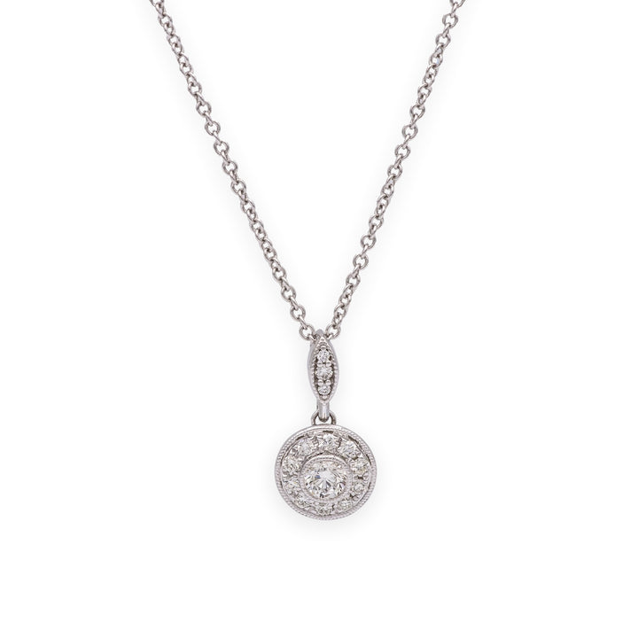 Mill-grain Circle Bezel Halo 18K White Gold Diamond 0.39 cts Total Pendant Necklace 18" Long