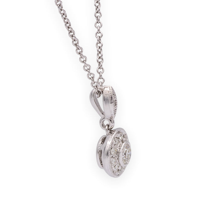 Mill-grain Circle Bezel Halo 18K White Gold Diamond 0.39 cts Total Pendant Necklace 18" Long