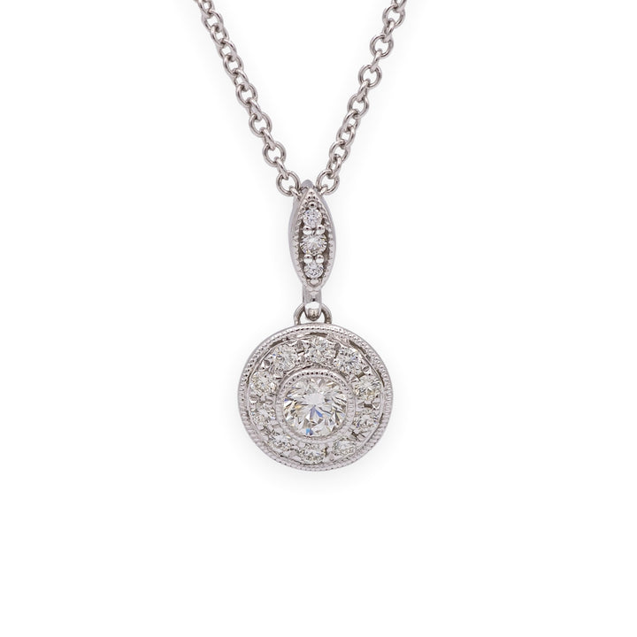 Mill-grain Circle Bezel Halo 18K White Gold Diamond 0.39 cts Total Pendant Necklace 18" Long