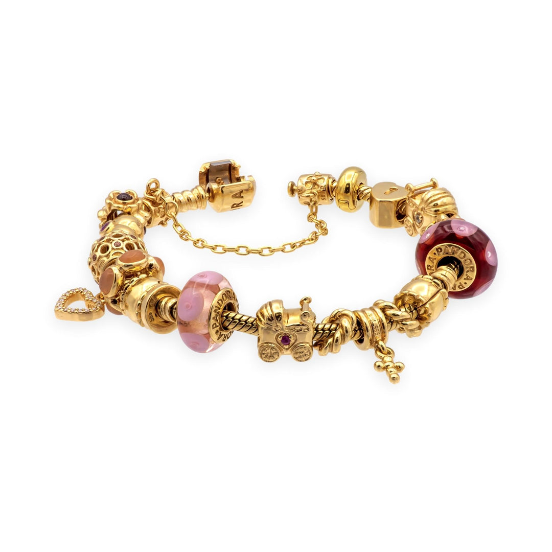 Pandora 14K Solid Yellow Gold Charm Bracelet 19 Charms 7.25"