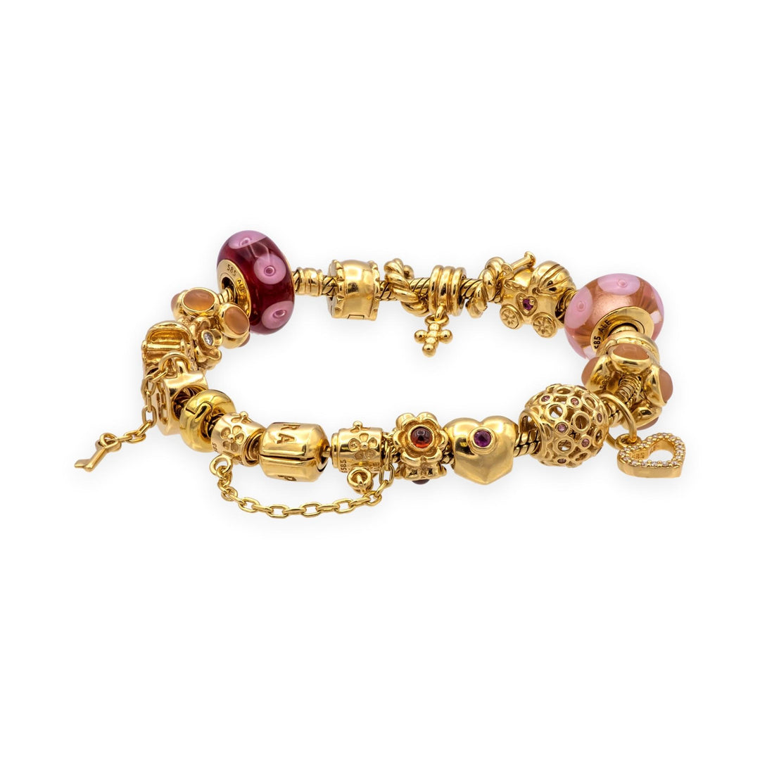 Pandora 14K Solid Yellow Gold Charm Bracelet 19 Charms 7.25"