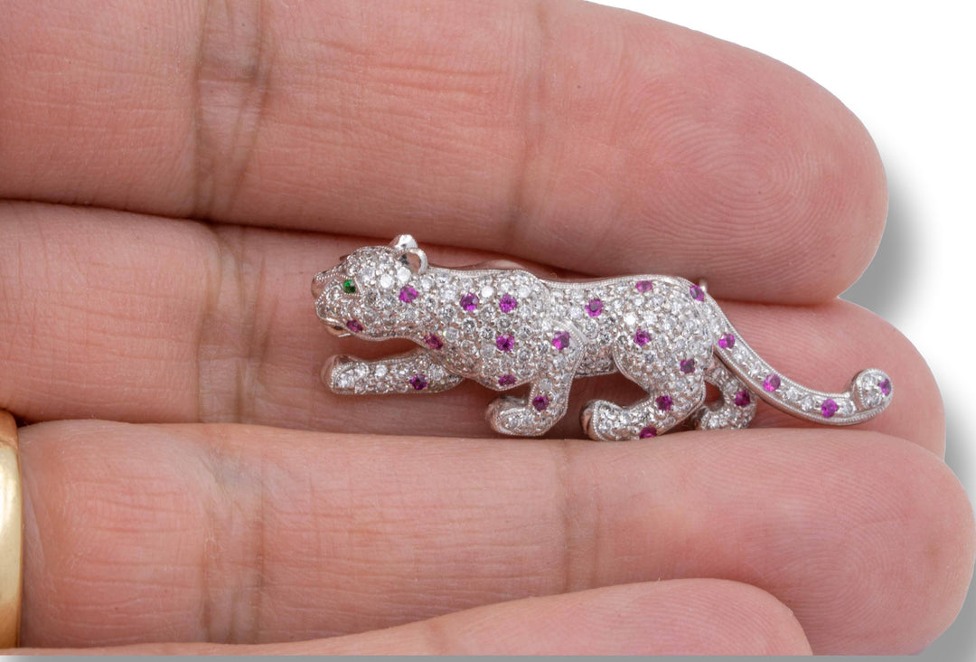 Vintage 18K White Gold Panther Brooch 2.50 Cts Pave Diamonds + Pink Sapphires