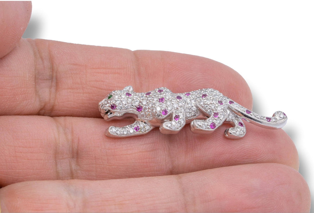 Vintage 18K White Gold Panther Brooch 2.50 Cts Pave Diamonds + Pink Sapphires