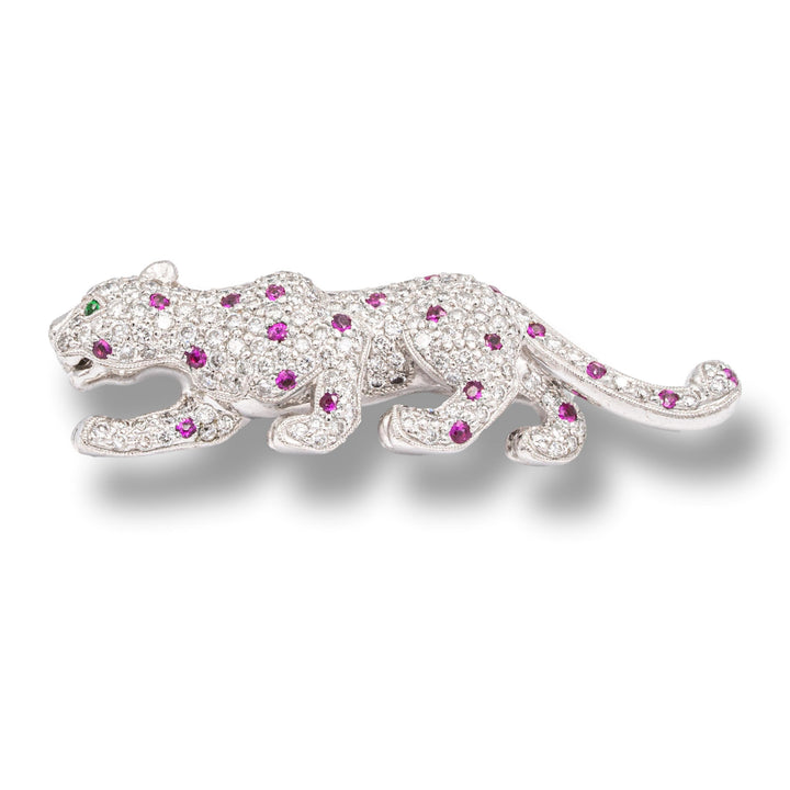 Vintage 18K White Gold Panther Brooch 2.50 Cts Pave Diamonds + Pink Sapphires