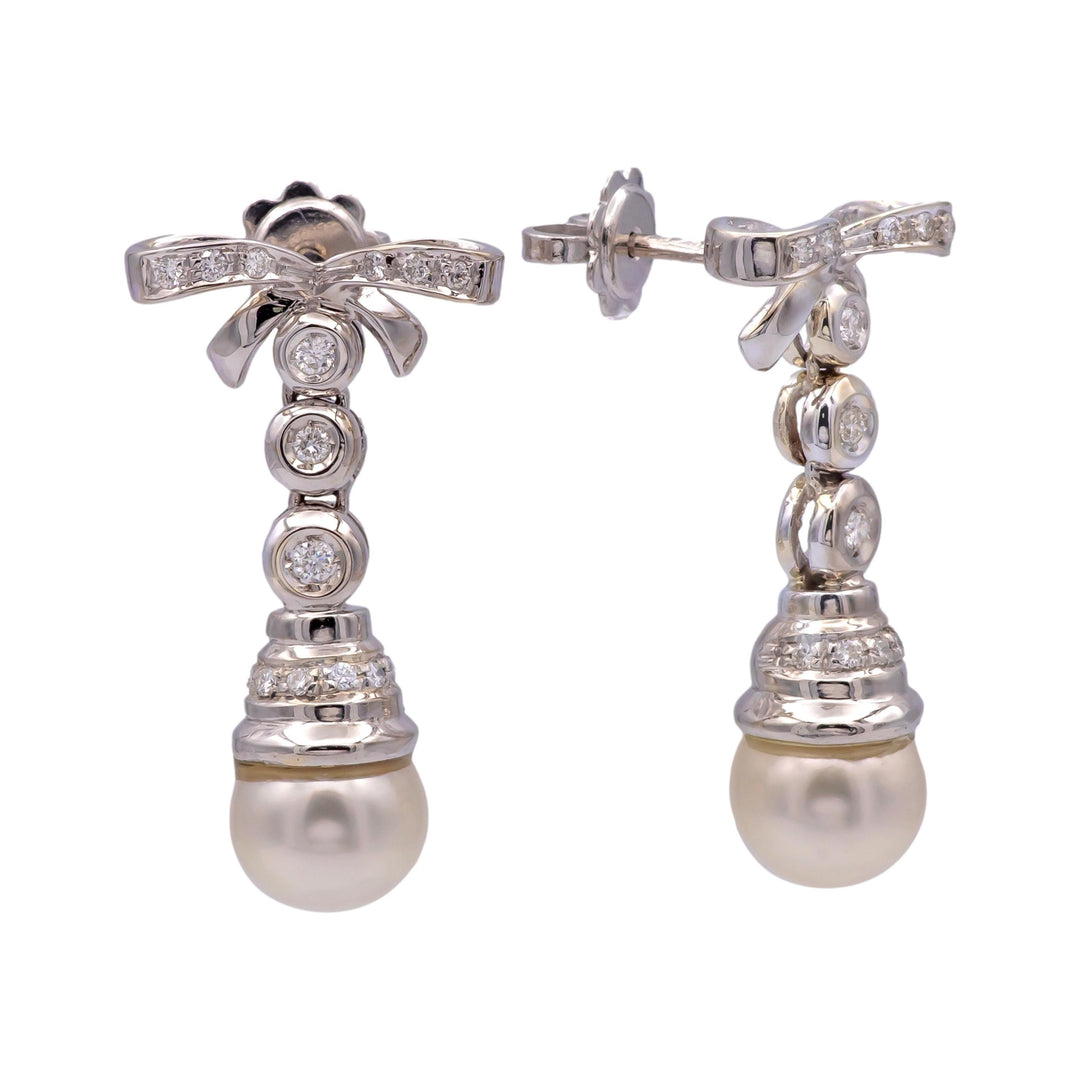 Vintage French 18K White Gold Cultured Pearl and Diamond Dangle Earrings