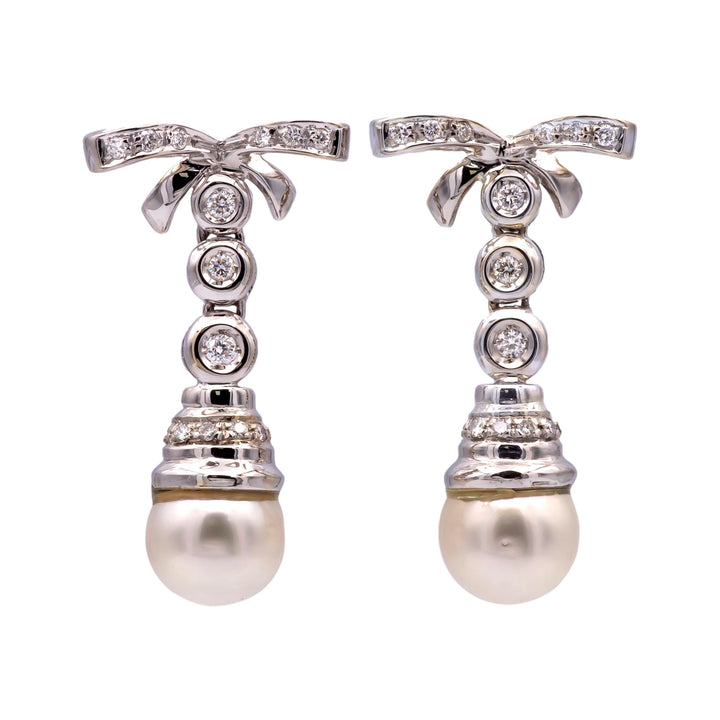 Vintage French 18K White Gold Cultured Pearl and Diamond Dangle Earrings