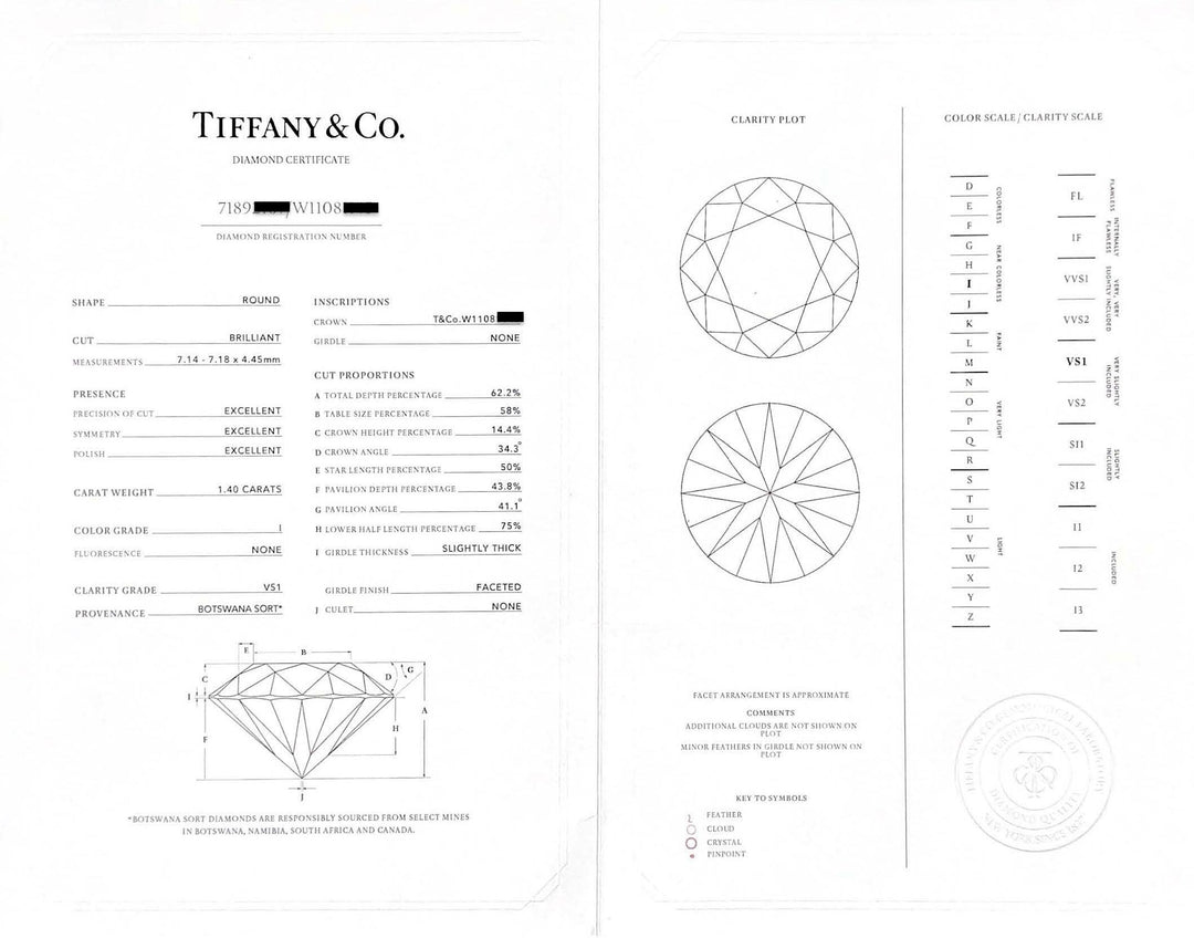 Tiffany & Co. Platinum 1.40 ct I VS1 Round Diamond Solitaire Engagement Ring
