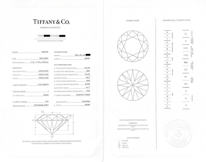Tiffany & Co. Platinum 1.40 ct I VS1 Round Diamond Solitaire Engagement Ring