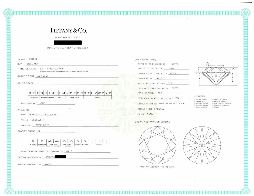 Tiffany & Co. Platinum .84 ct F VS1 Round Diamond Solitaire Engagement Ring
