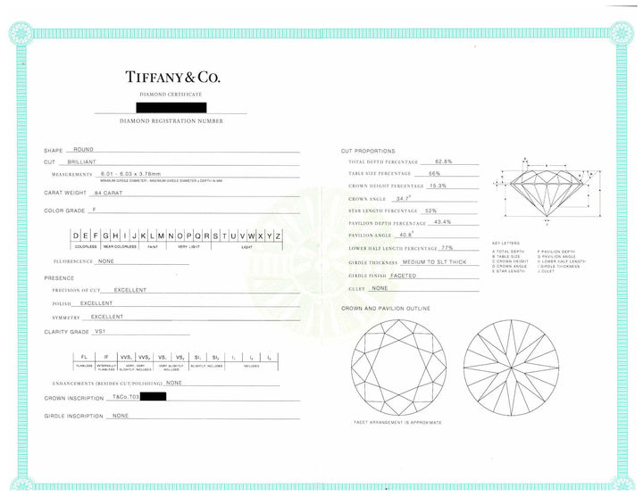 Tiffany & Co. Platinum .84 ct F VS1 Round Diamond Solitaire Engagement Ring