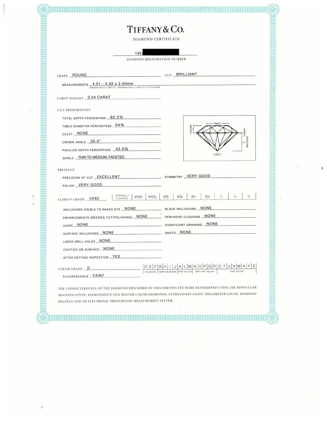 Tiffany & Co. Platinum .24 ct D VVS2 Diamond Solitaire Engagement Ring
