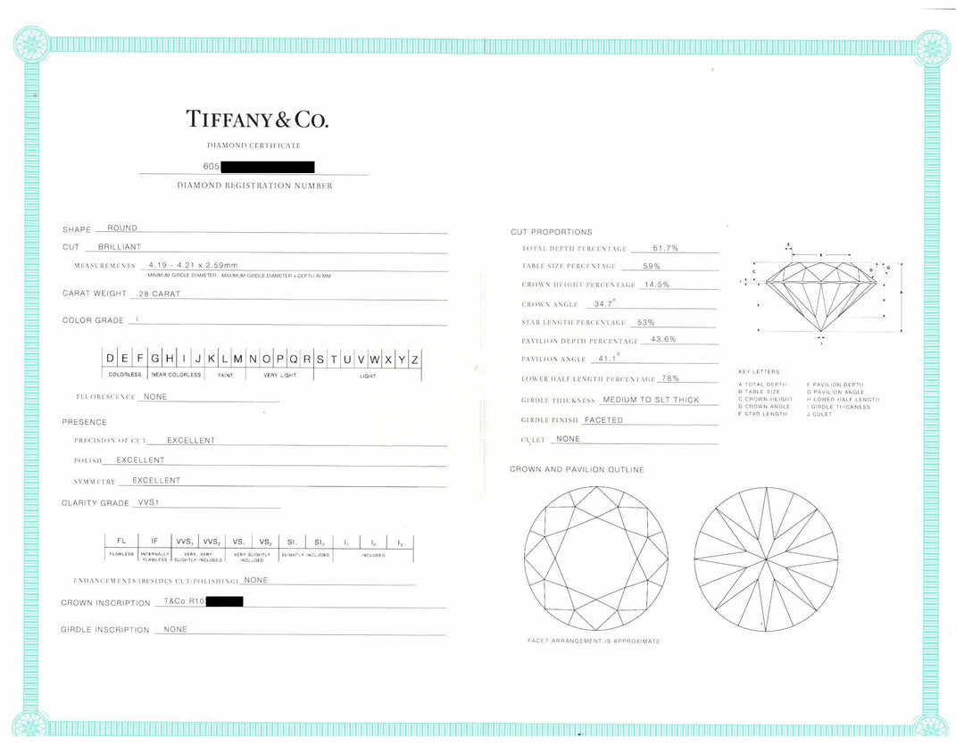 Tiffany & Co. Platinum .28 ct I VVS1 Round Diamond Solitaire Engagement Ring