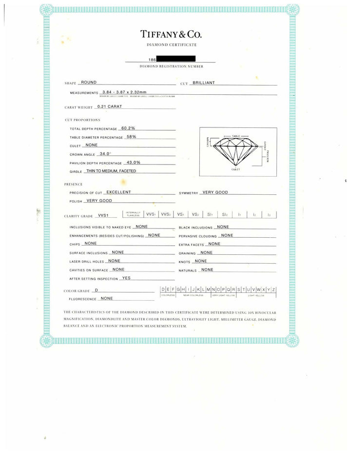 Tiffany & Co. Platinum .21 ct D VVS1 Round Diamond Solitaire Engagement Ring