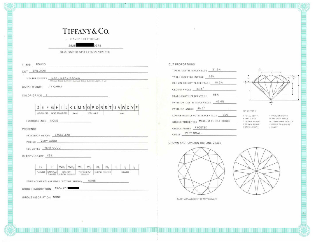Tiffany & Co. Platinum .71 ct I VS2 Round Diamond Solitaire Engagement Ring