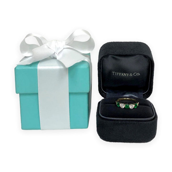 Tiffany & Co. Vintage 18K Yellow Gold Emerald and Diamond 5 Stone Band Ring 4mm