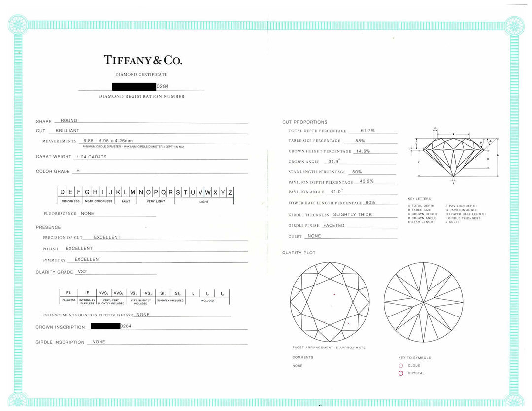 Tiffany & Co. Platinum 1.24 ct H VS2 Round Diamond Solitaire Engagement Ring