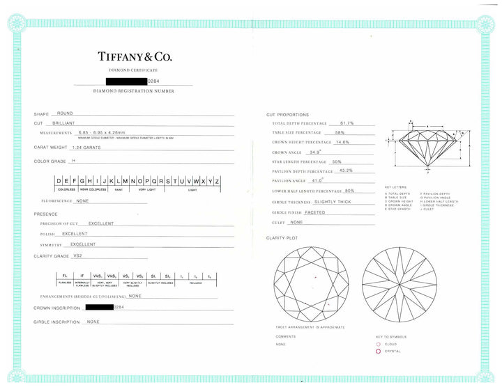 Tiffany & Co. Platinum 1.24 ct H VS2 Round Diamond Solitaire Engagement Ring