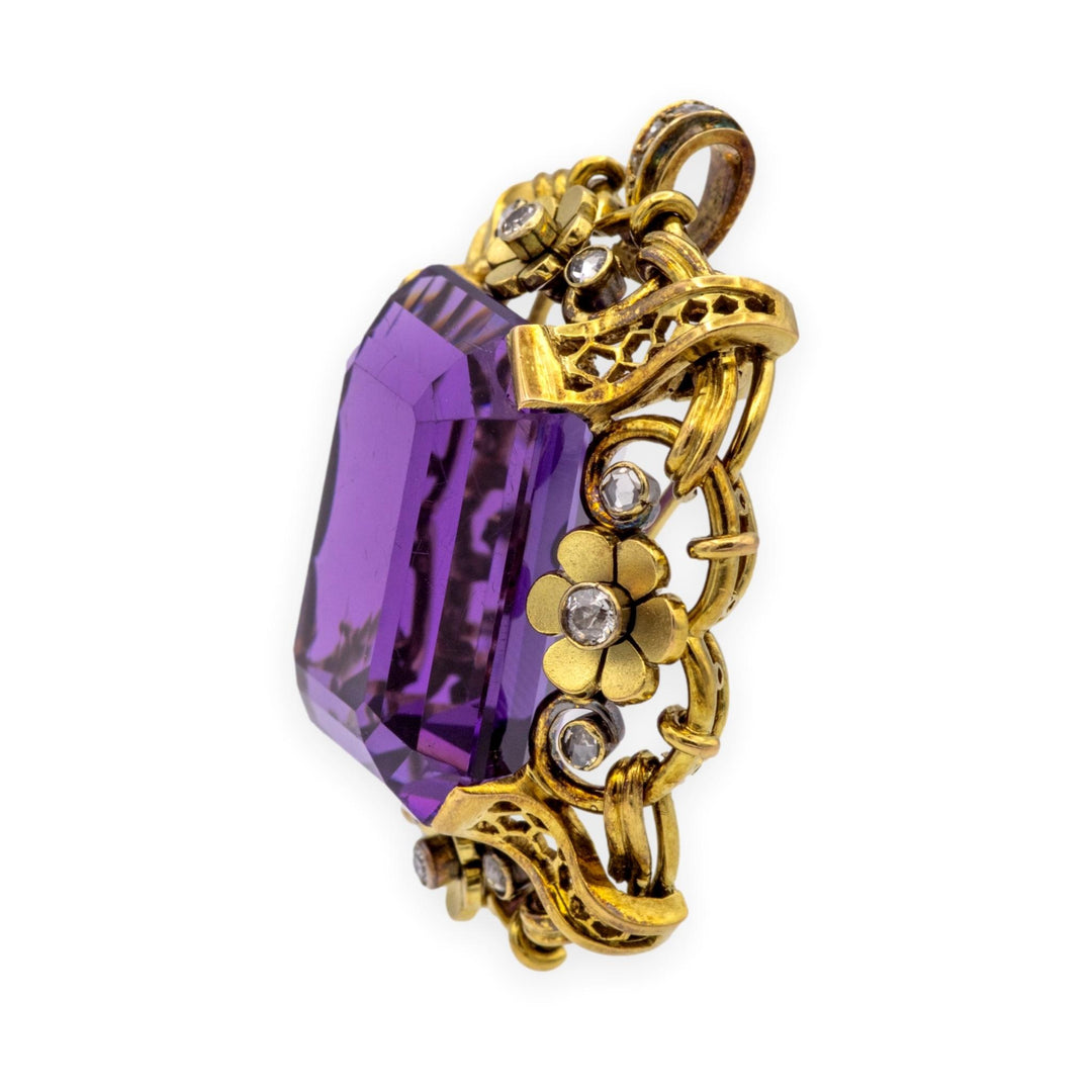 Retro 14K Yellow Gold Large Amethyst & Diamond Pendant Brooch c.1940s