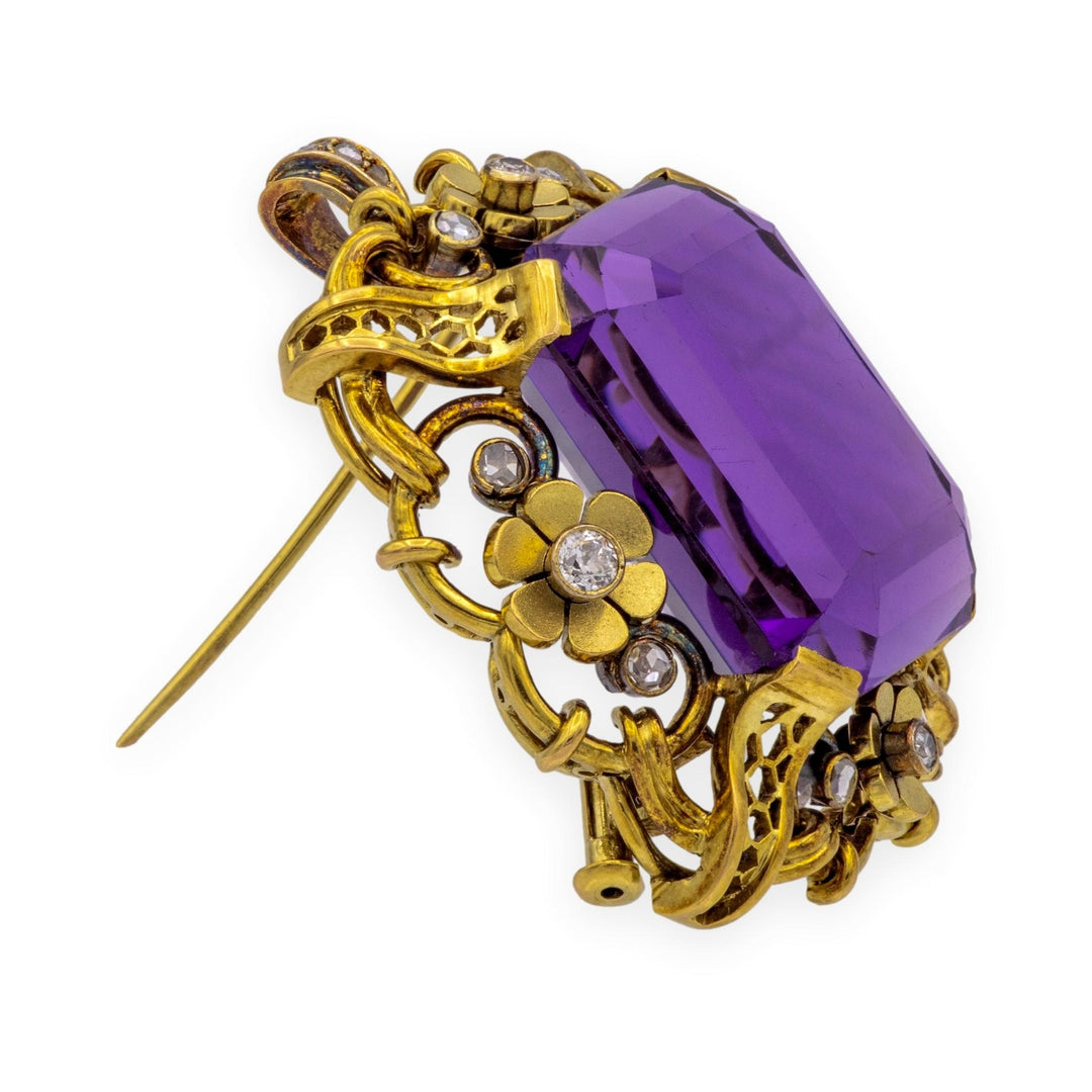 Retro 14K Yellow Gold Large Amethyst & Diamond Pendant Brooch c.1940s