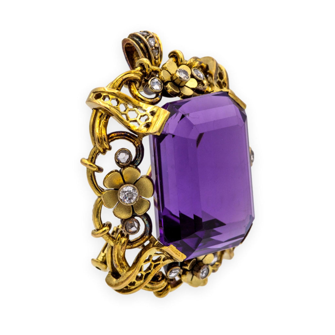 Retro 14K Yellow Gold Large Amethyst & Diamond Pendant Brooch c.1940s