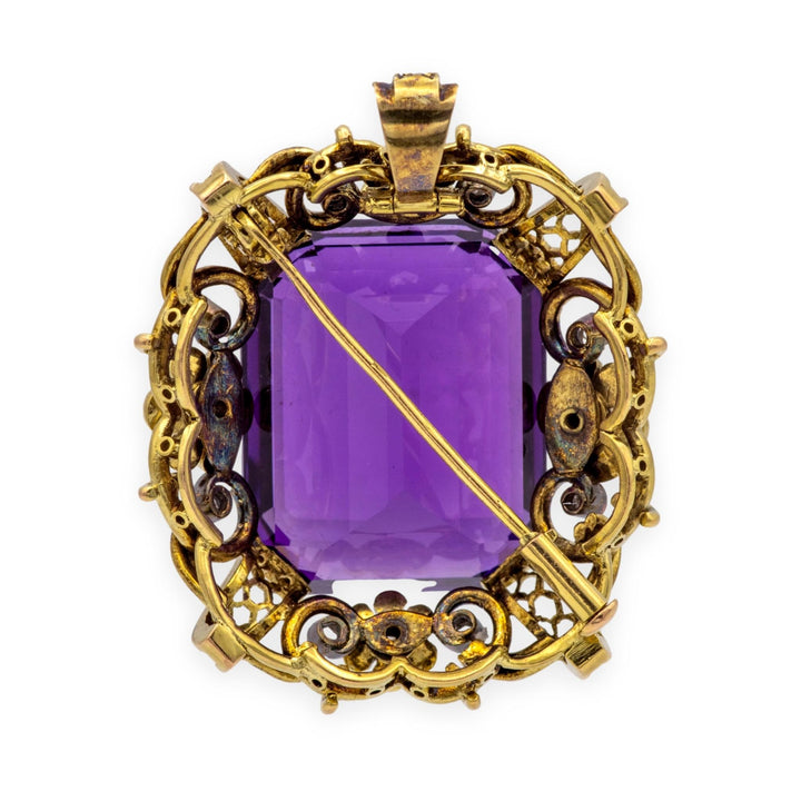 Retro 14K Yellow Gold Large Amethyst & Diamond Pendant Brooch c.1940s