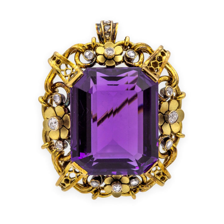 Retro 14K Yellow Gold Large Amethyst & Diamond Pendant Brooch c.1940s