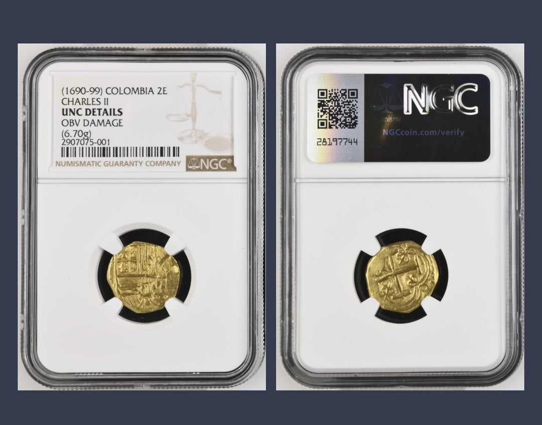 1690–1699 Colombia 2 Escudos Gold Cob – Charles II – NGC UNC Details – 6.70g
