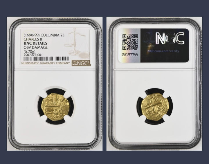 1690–1699 Colombia 2 Escudos Gold Cob – Charles II – NGC UNC Details – 6.70g