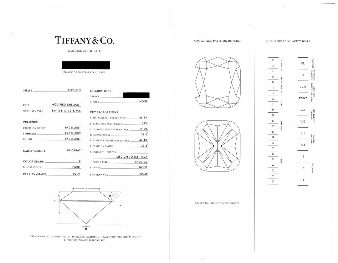 Tiffany & Co. Soleste 1.16 cts total Cushion Diamond Engagement Ring F VVS2 Plat