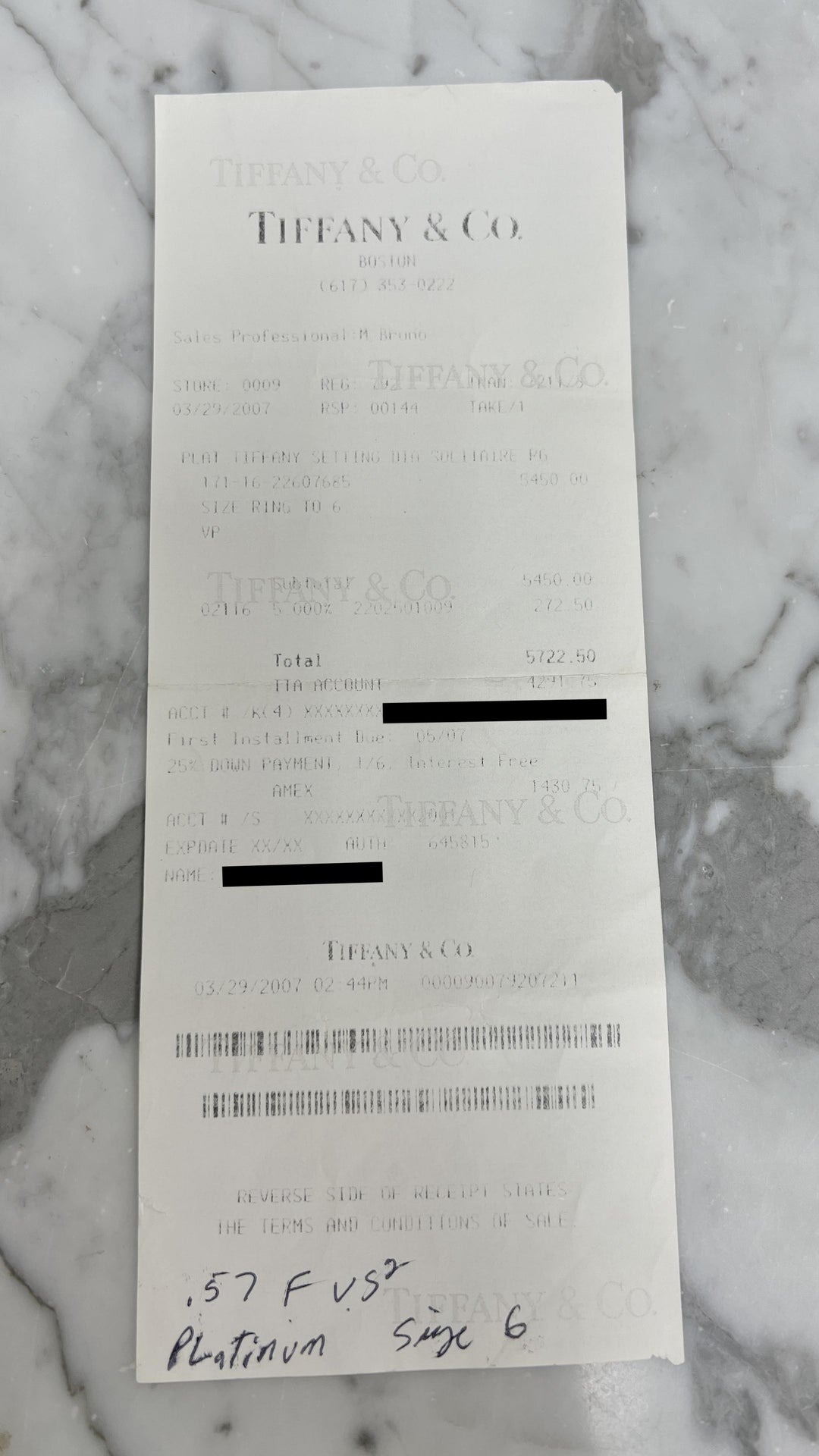 Tiffany & Co. Platinum .57 ct F VS2 Diamond Solitaire Engagement Ring w/papers