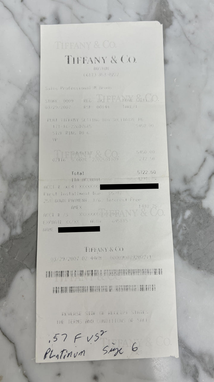 Tiffany & Co. Platinum .57 ct F VS2 Diamond Solitaire Engagement Ring w/papers