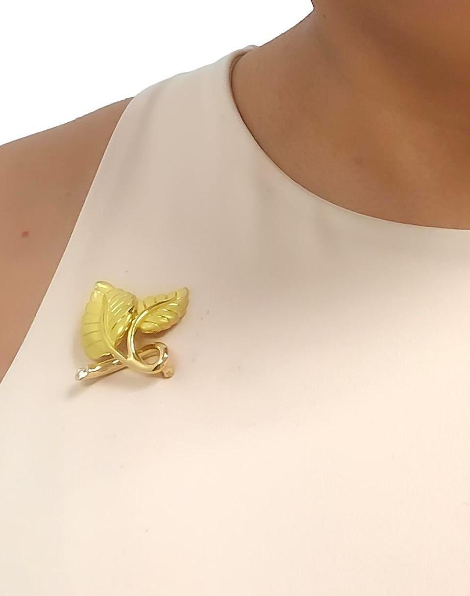 Vintage Tiffany & Co. 18K Yellow Gold Double Leaf Brooch with Diamond Accent