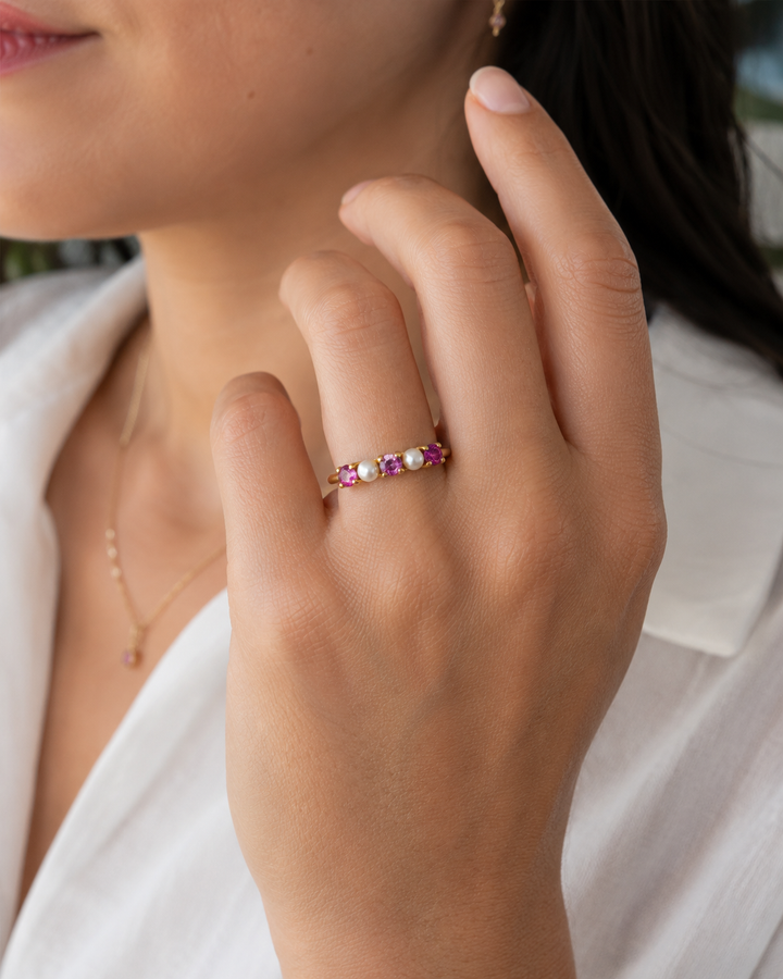 Tiffany & Co. 18K Yellow Gold Ruby and Pearl Five-Stone Band Ring, Vintage