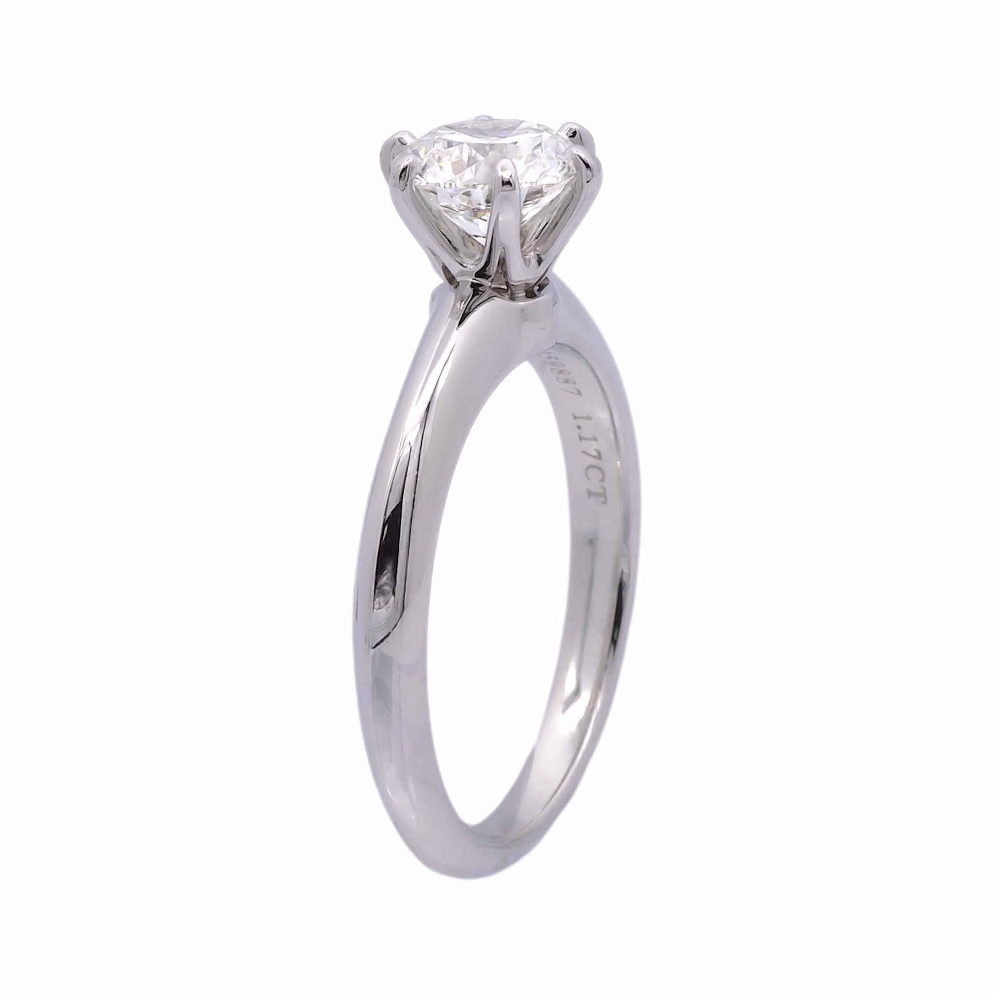 Tiffany Co. Platinum Solitaire Round Diamond Engagement Ring 1.17ct The Diamond Oak