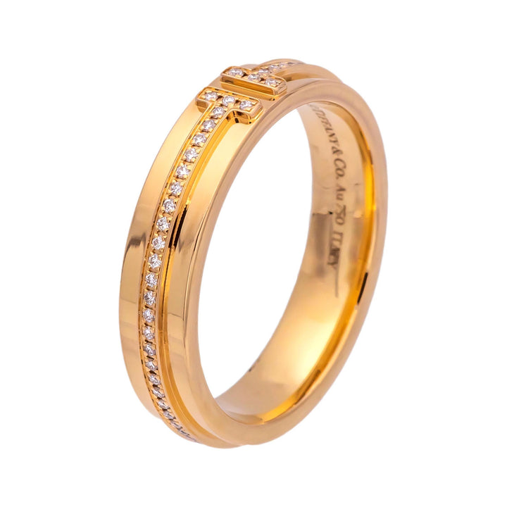 Tiffany & Co. T Narrow 18K Rose Gold 4.5 mm Wide .13 ct Diamond Band Ring Size 7